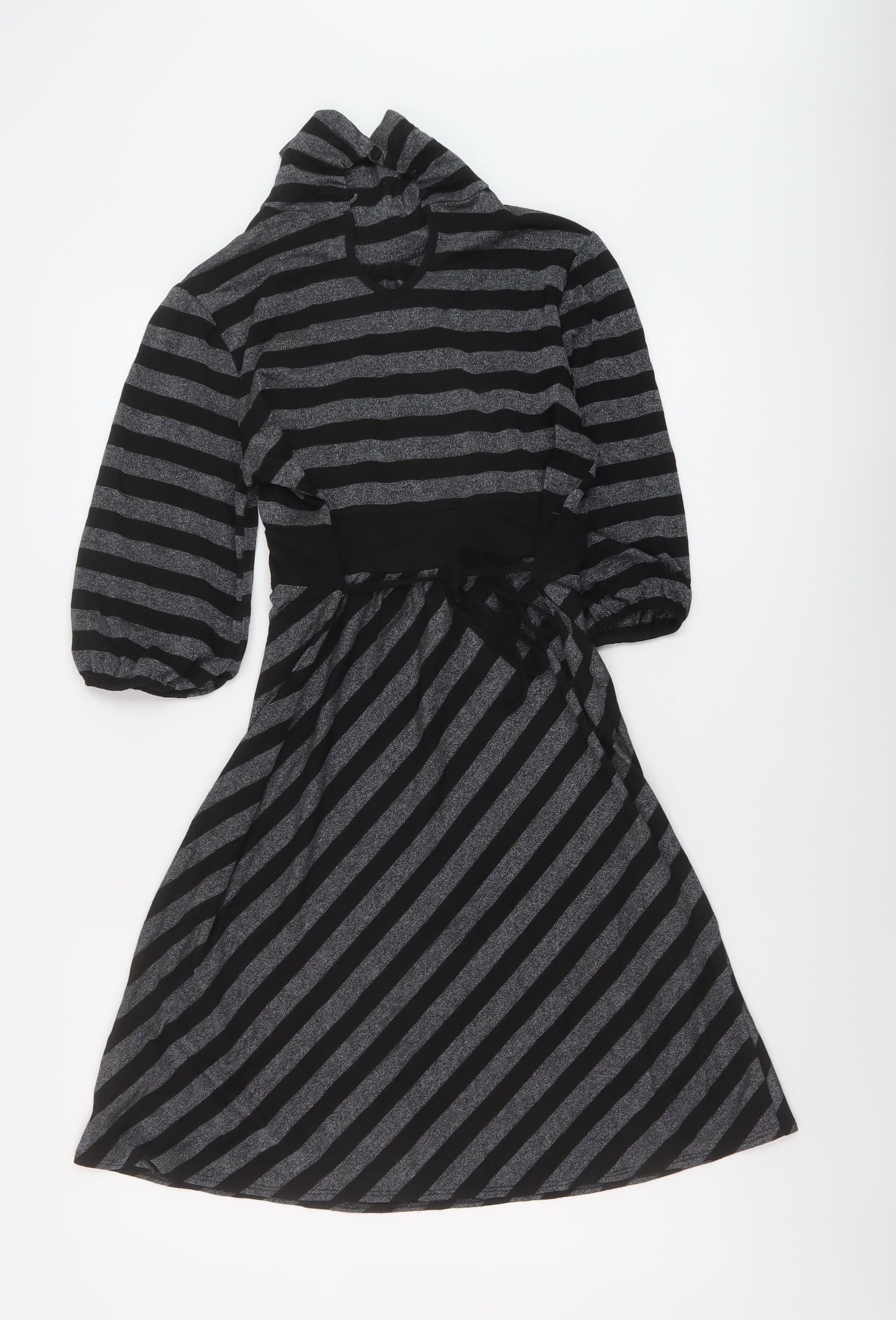 Dorothy Perkins Womens Black Striped Viscose A-Line Size 14 Mock Neck Button