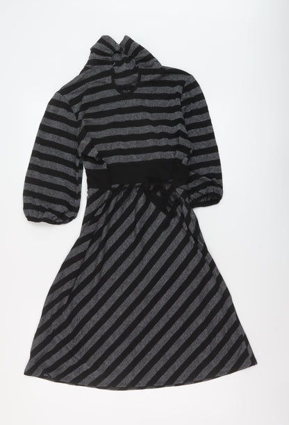Dorothy Perkins Womens Black Striped Viscose A-Line Size 14 Mock Neck Button