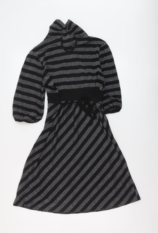 Dorothy Perkins Womens Black Striped Viscose A-Line Size 14 Mock Neck Button