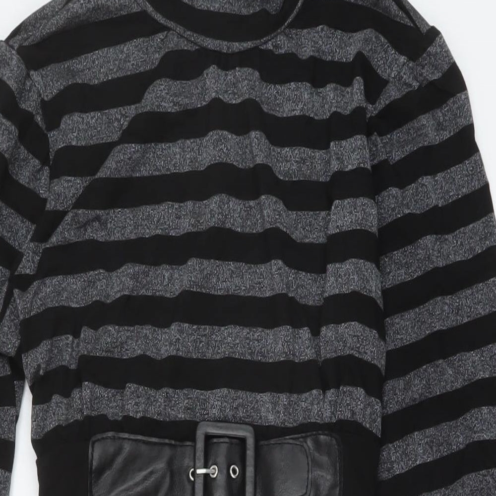 Dorothy Perkins Womens Black Striped Viscose A-Line Size 14 Mock Neck Button