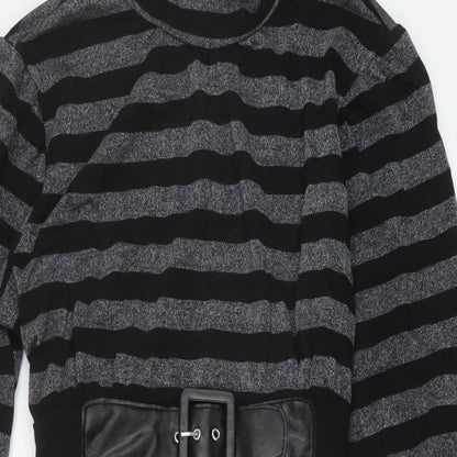 Dorothy Perkins Womens Black Striped Viscose A-Line Size 14 Mock Neck Button