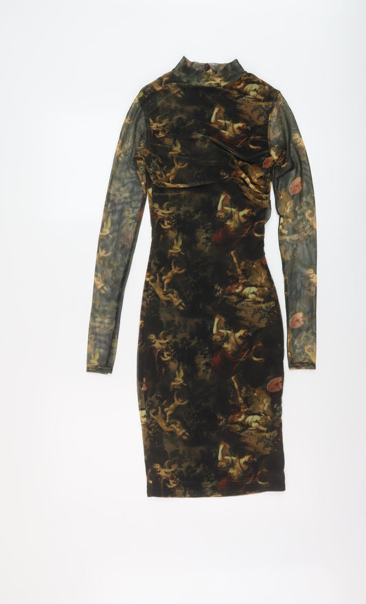 PRETTYLITTLETHING Womens Green Geometric Polyester Bodycon Size 6 Mock Neck Zip