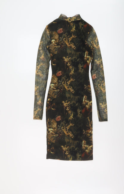 PRETTYLITTLETHING Womens Green Geometric Polyester Bodycon Size 6 Mock Neck Zip