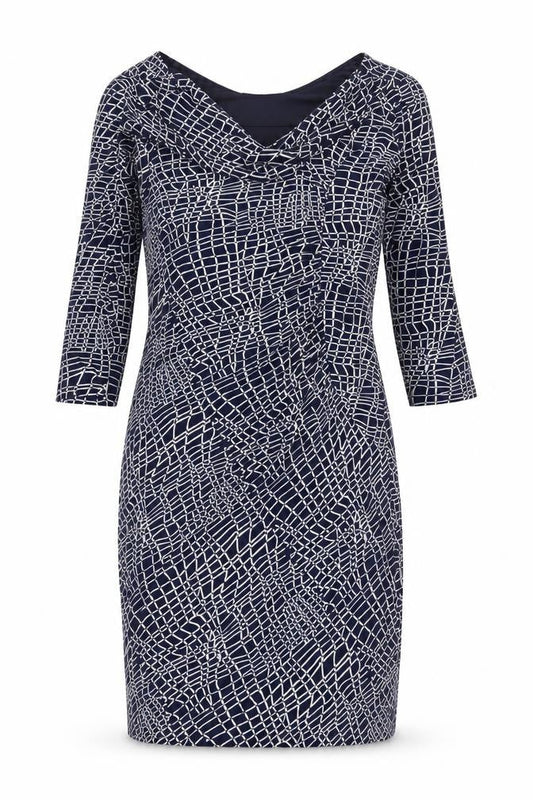Front view of Linea women’s blue geometric polyester pencil dress, size UK 12, collared pullover