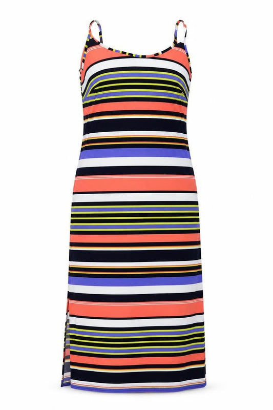 Front view of Kaleidoscope women’s multicoloured striped polyester a-line, size UK 14, round neck pullover