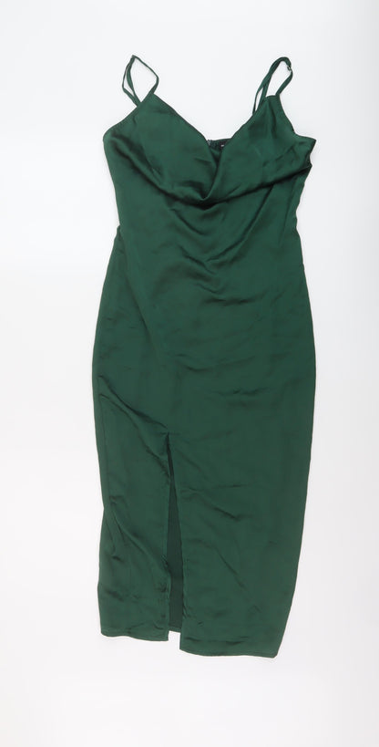 PRETTYLITTLETHING Womens Green Polyester Slip Dress Size 6 Cowl Neck Zip