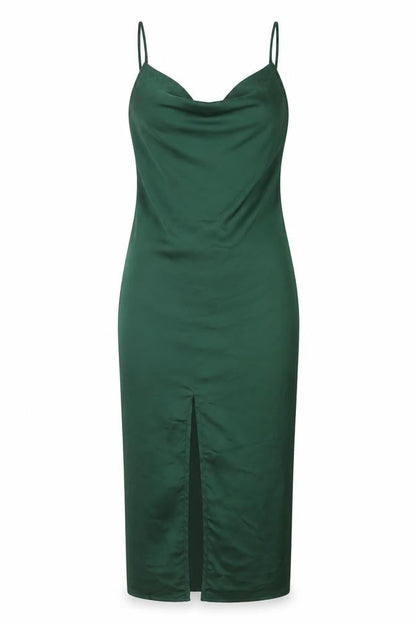 PRETTYLITTLETHING Womens Green Polyester Slip Dress Size 6 Cowl Neck Zip