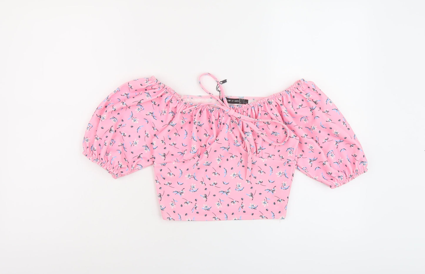 I SAW IT FIRST Womens Pink Geometric Polyester Cropped T-Shirt Size 10 Square Neck