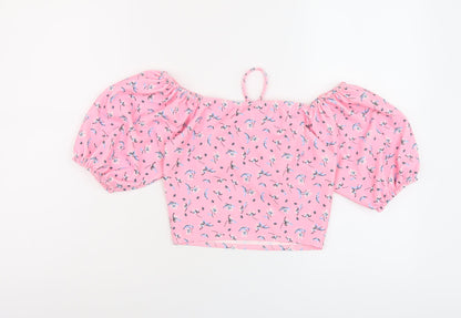 I SAW IT FIRST Womens Pink Geometric Polyester Cropped T-Shirt Size 10 Square Neck