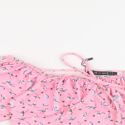 I SAW IT FIRST Womens Pink Geometric Polyester Cropped T-Shirt Size 10 Square Neck