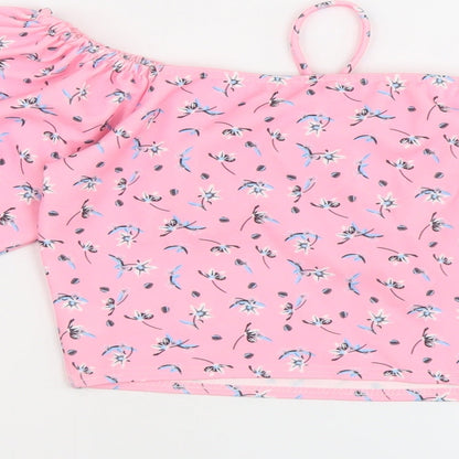 I SAW IT FIRST Womens Pink Geometric Polyester Cropped T-Shirt Size 10 Square Neck