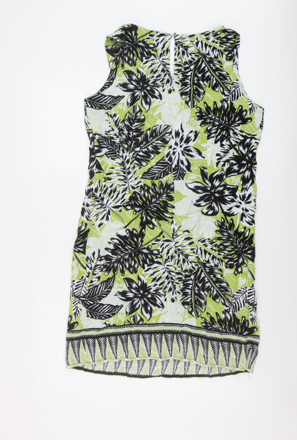 Wallis Womens Green Geometric Viscose Tank Dress Size 14 V-Neck Button