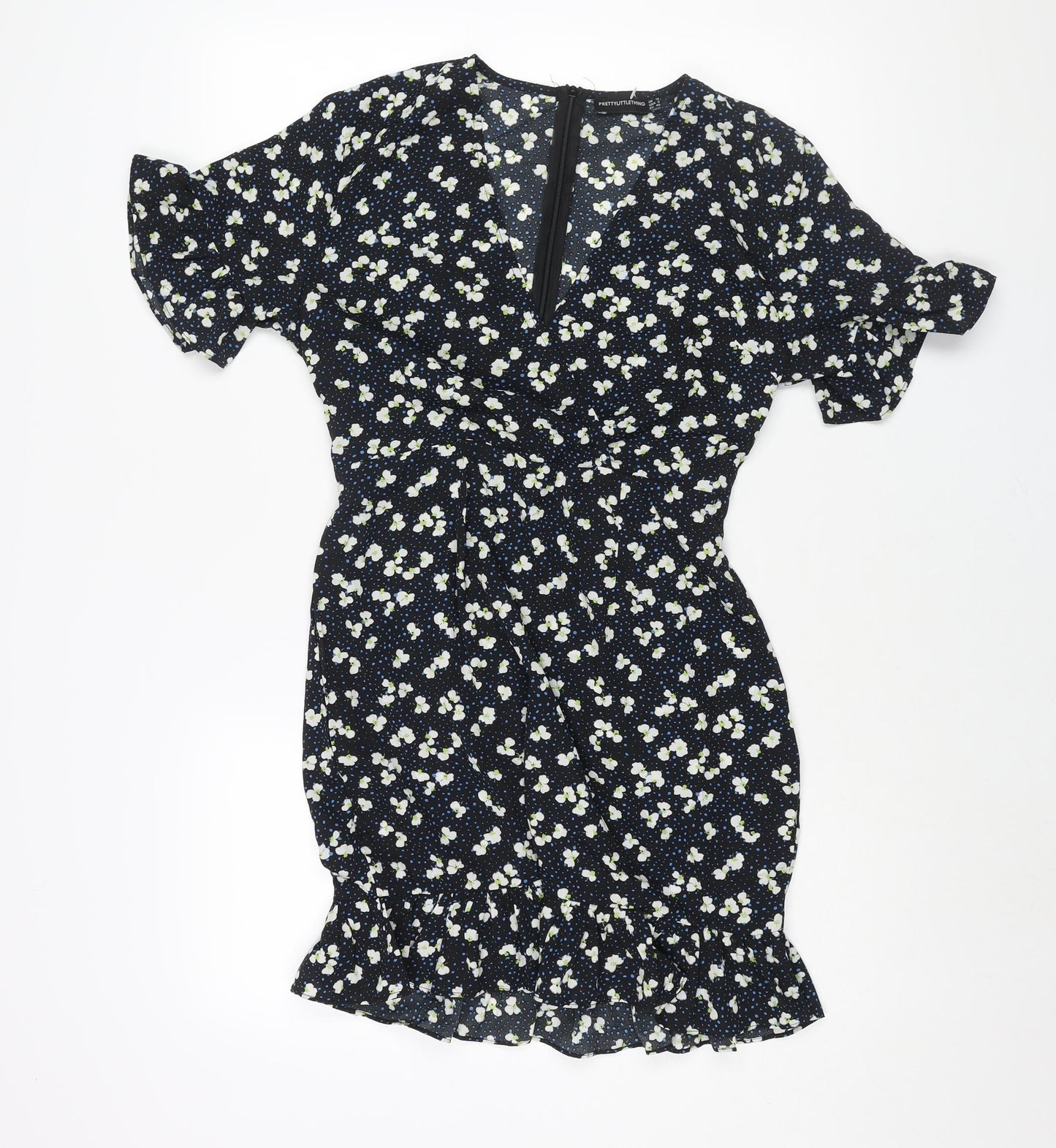 PRETTYLITTLETHING Womens Black Geometric Polyester Mini Size 12 V-Neck Zip - Frill Lace Up Back Floral Print