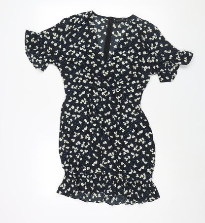 PRETTYLITTLETHING Womens Black Geometric Polyester Mini Size 12 V-Neck Zip - Frill Lace Up Back Floral Print