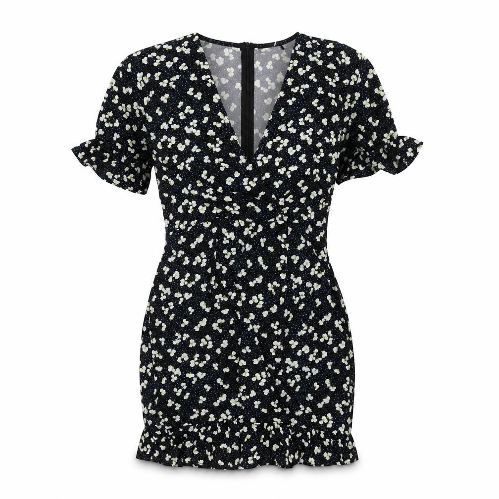 PRETTYLITTLETHING Womens Black Geometric Polyester Mini Size 12 V-Neck Zip - Frill Lace Up Back Floral Print