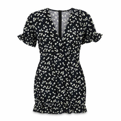 PRETTYLITTLETHING Womens Black Geometric Polyester Mini Size 12 V-Neck Zip - Frill Lace Up Back Floral Print
