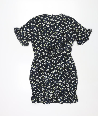 PRETTYLITTLETHING Womens Black Geometric Polyester Mini Size 12 V-Neck Zip - Frill Lace Up Back Floral Print