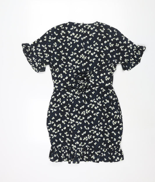 PRETTYLITTLETHING Womens Black Geometric Polyester Mini Size 12 V-Neck Zip - Frill Lace Up Back Floral Print