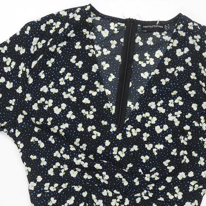 PRETTYLITTLETHING Womens Black Geometric Polyester Mini Size 12 V-Neck Zip - Frill Lace Up Back Floral Print