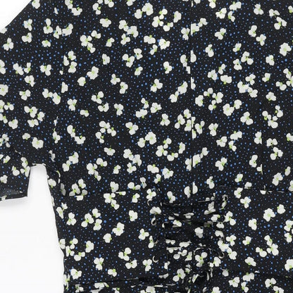 PRETTYLITTLETHING Womens Black Geometric Polyester Mini Size 12 V-Neck Zip - Frill Lace Up Back Floral Print