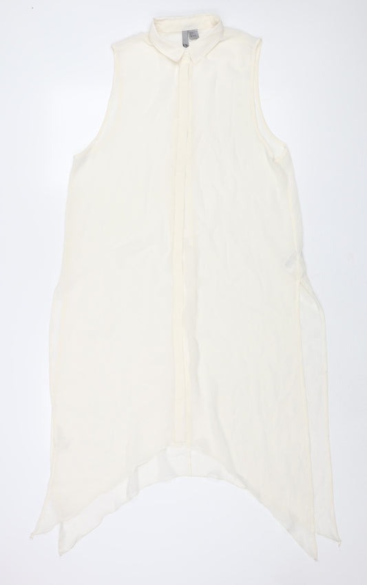 Divided by H&M Womens Ivory Polyester Tunic Blouse Size 10 Collared - Asymmetric Hem Side Slits Semi Sheer