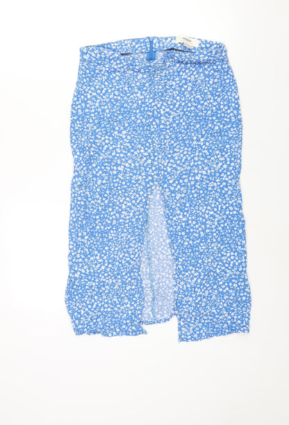 Pull&Bear Womens Blue Floral Viscose Straight & Pencil Skirt Size L Zip - Front Slit Rouched