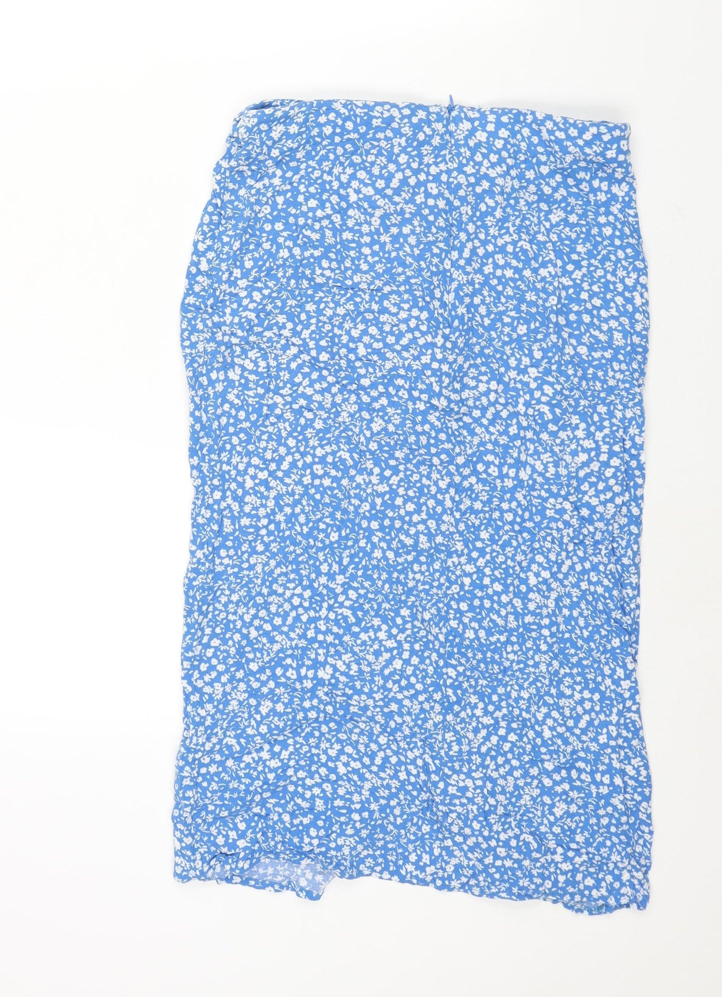 Pull&Bear Womens Blue Floral Viscose Straight & Pencil Skirt Size L Zip - Front Slit Rouched
