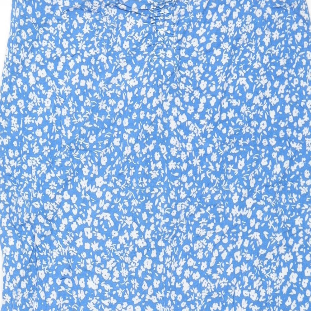 Pull&Bear Womens Blue Floral Viscose Straight & Pencil Skirt Size L Zip - Front Slit Rouched