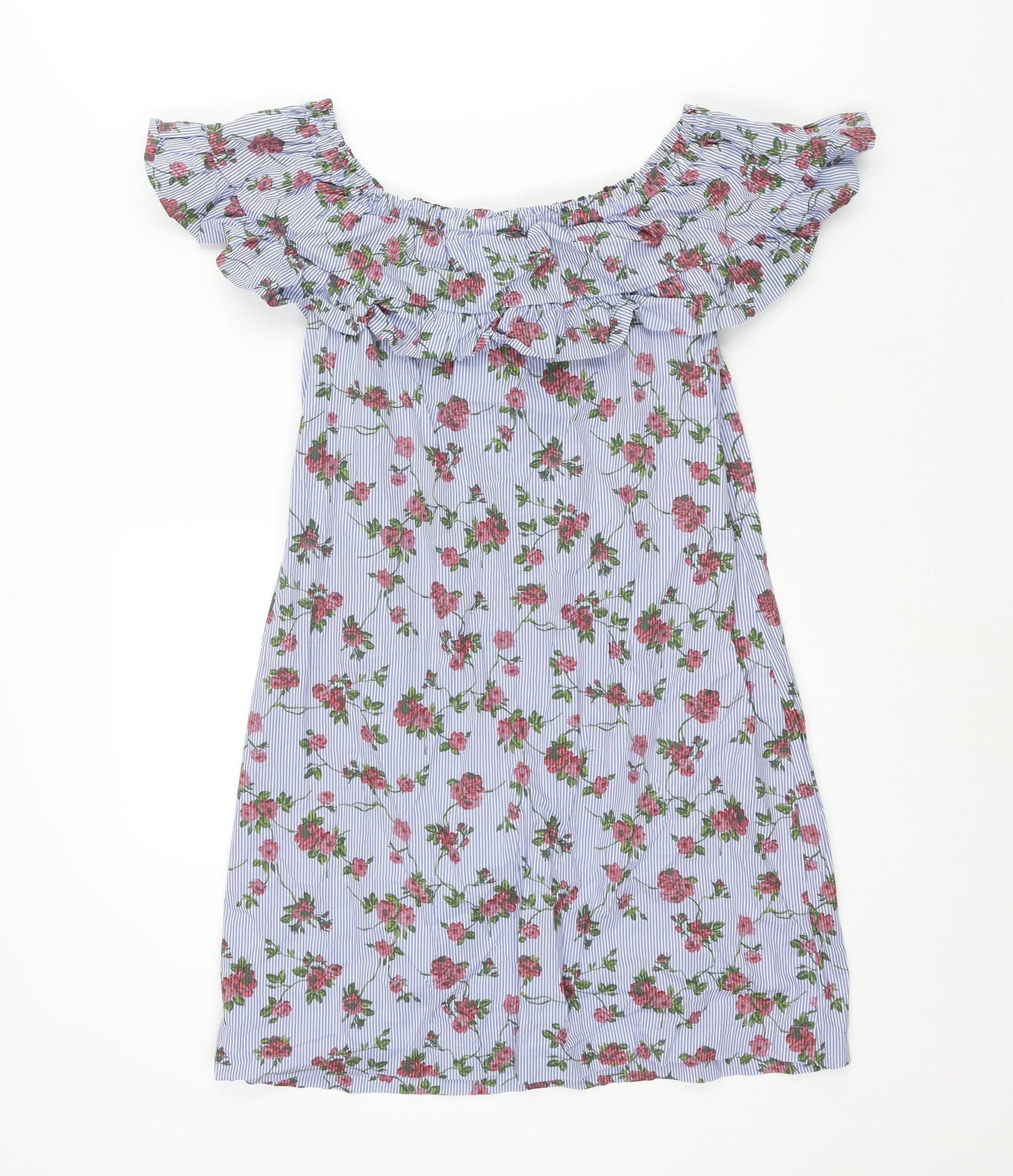 Stradivarius Womens Blue Geometric Cotton Mini Size S Boat Neck Pullover - Stripe Floral Print Fril
