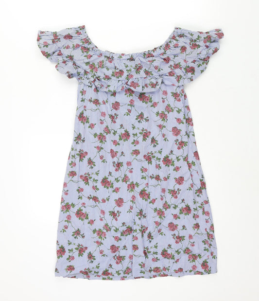 Stradivarius Womens Blue Geometric Cotton Mini Size S Boat Neck Pullover - Stripe Floral Print Fril