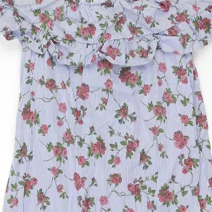 Stradivarius Womens Blue Geometric Cotton Mini Size S Boat Neck Pullover - Stripe Floral Print Fril