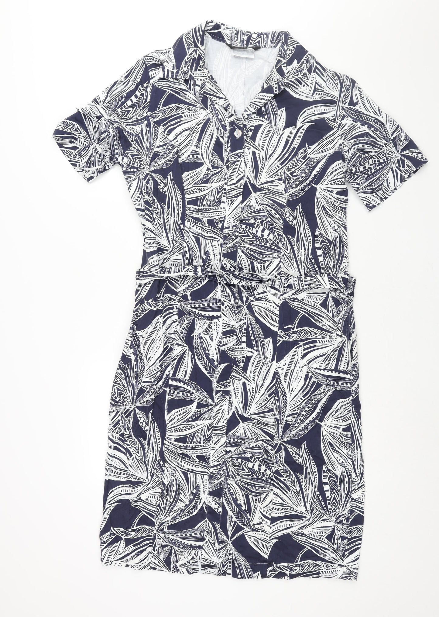 Cotswold Collections Womens Blue Geometric Cotton Shift Size 14 Collared Button - Belted