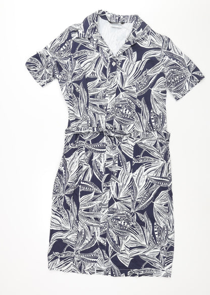 Cotswold Collections Womens Blue Geometric Cotton Shift Size 14 Collared Button - Belted