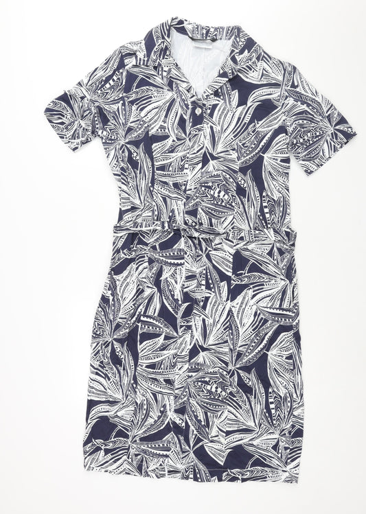 Cotswold Collections Womens Blue Geometric Cotton Shift Size 14 Collared Button - Belted