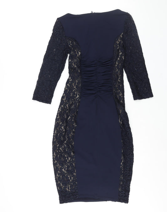 Phase Eight Womens Blue Polyester Bodycon Size 8 Round Neck Zip - Lace Panelling Rouched