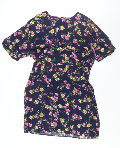Warehouse Womens Blue Floral Viscose Shift Size 16 Round Neck Button