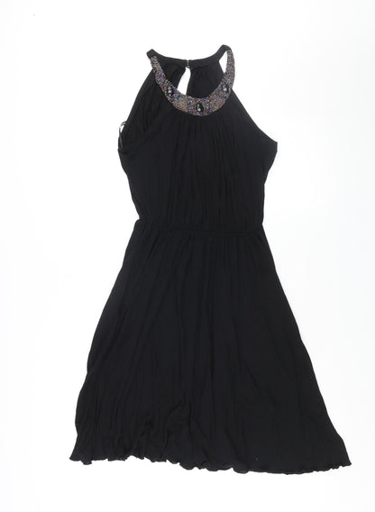 Miss Selfridge Womens Black Viscose Shift Size 10 Round Neck Button - Beaded Neckline