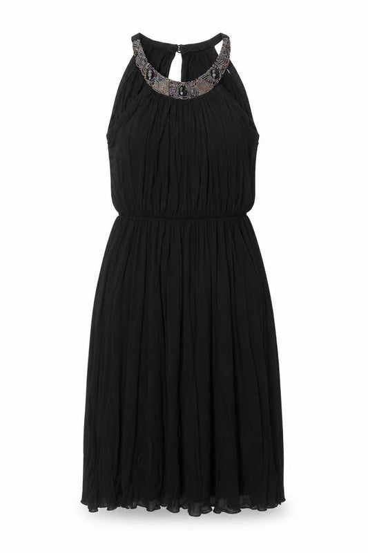 Front view of Miss Selfridge women’s black viscose shift, size UK 10, round neck button - beaded neckline