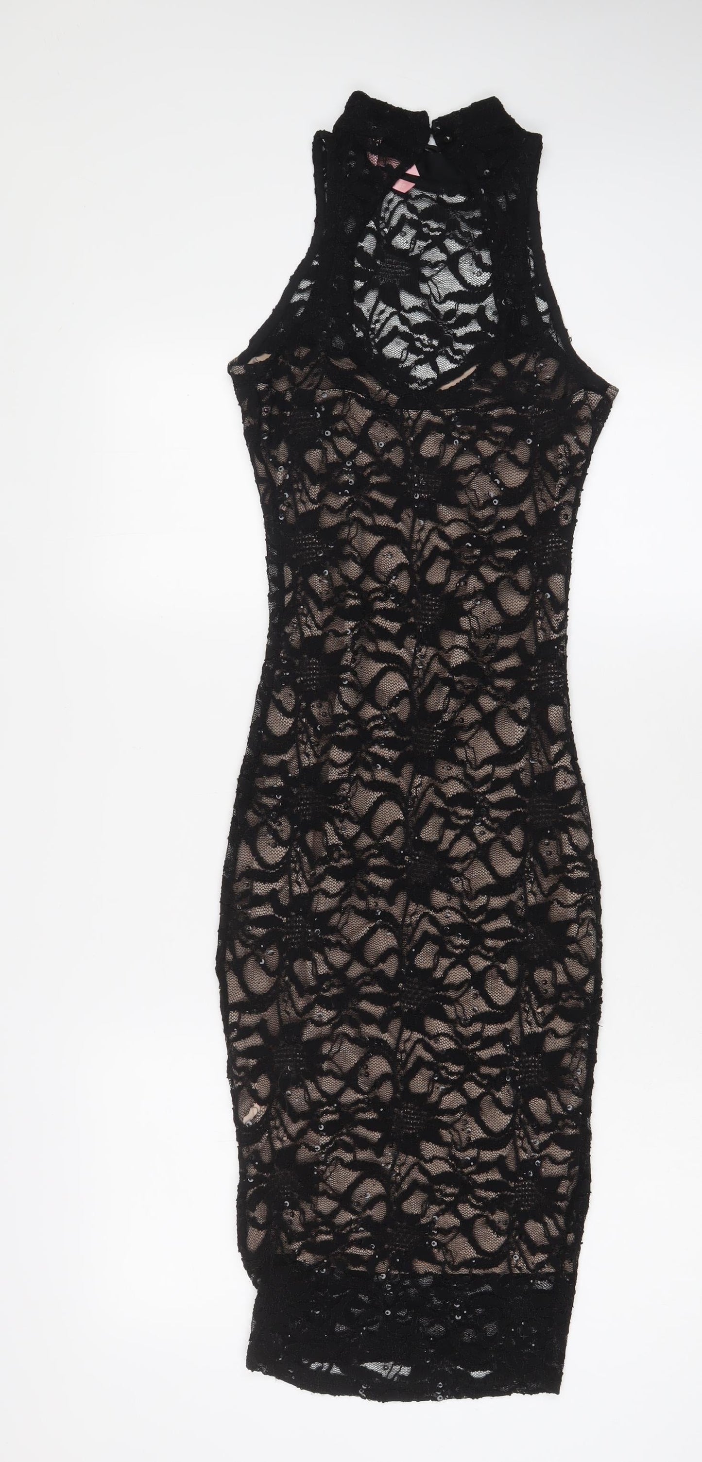 Lipsy Womens Black Nylon Bodycon Size 10 Round Neck Button
