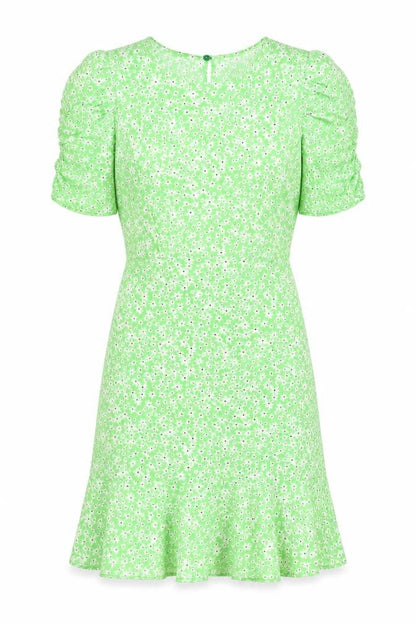 New Look Womens Green Floral Viscose A-Line Size 8 Crew Neck Button