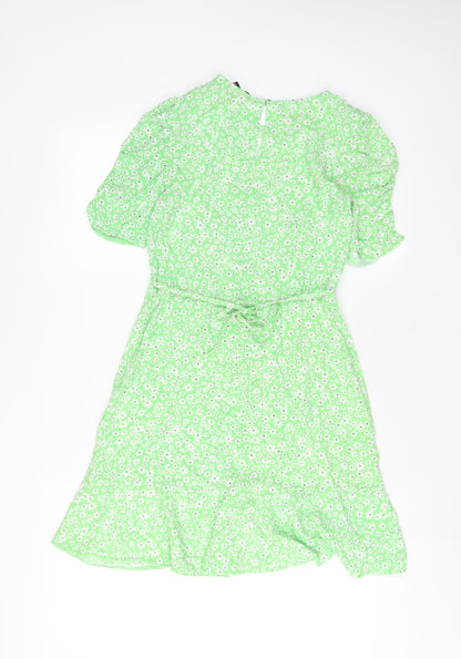 New Look Womens Green Floral Viscose A-Line Size 8 Crew Neck Button