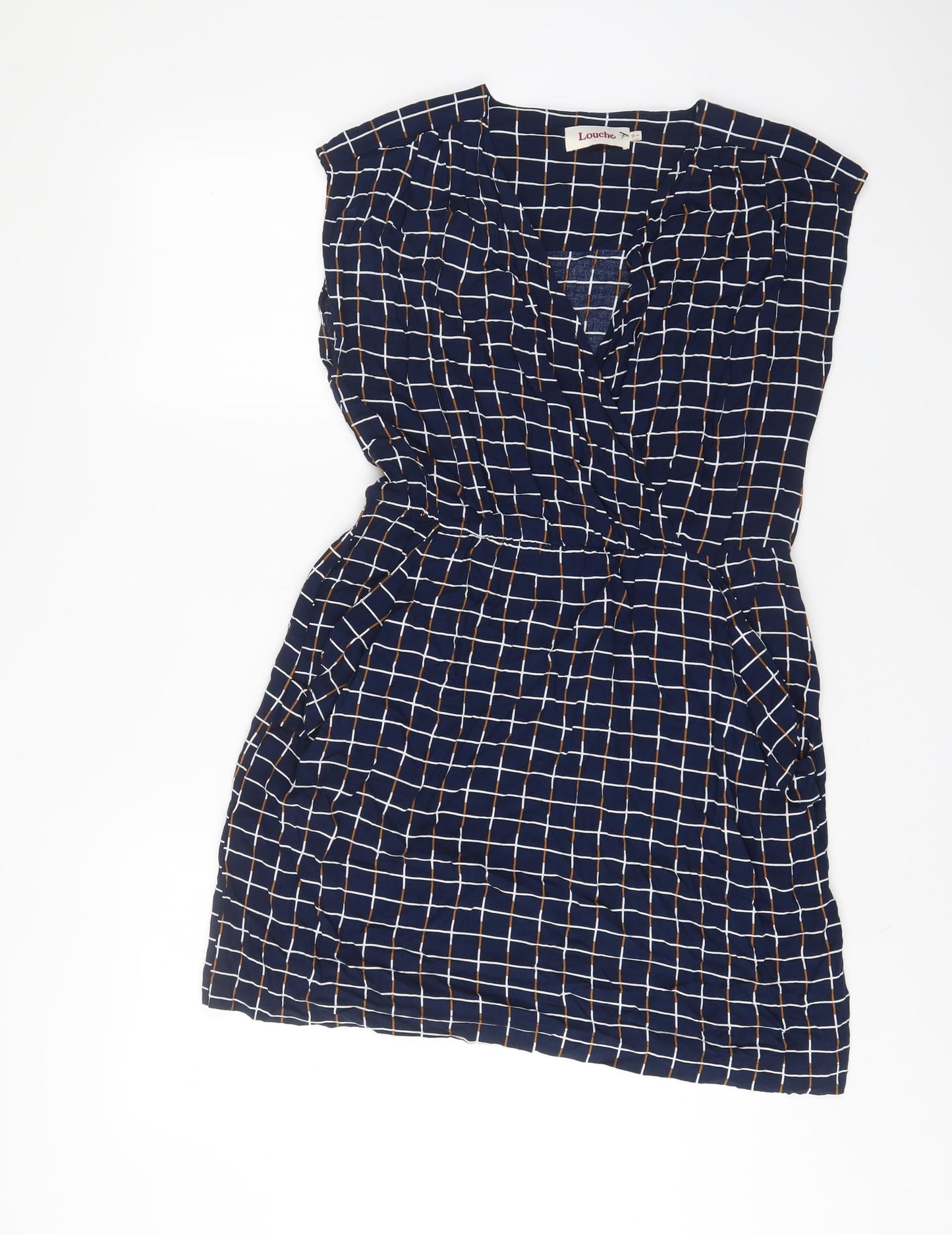 Louche Womens Blue Plaid Viscose A-Line Size 14 V-Neck Pullover