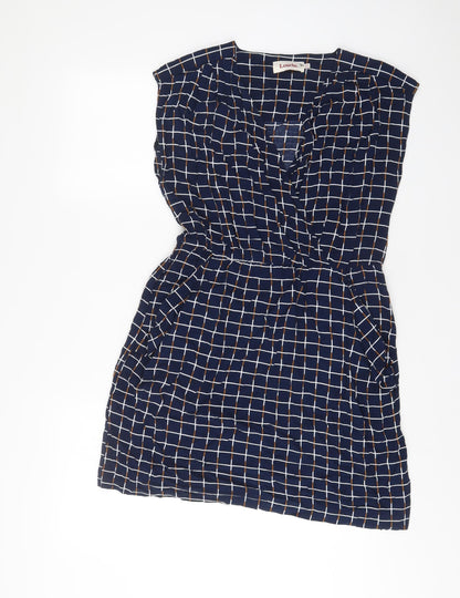 Louche Womens Blue Plaid Viscose A-Line Size 14 V-Neck Pullover