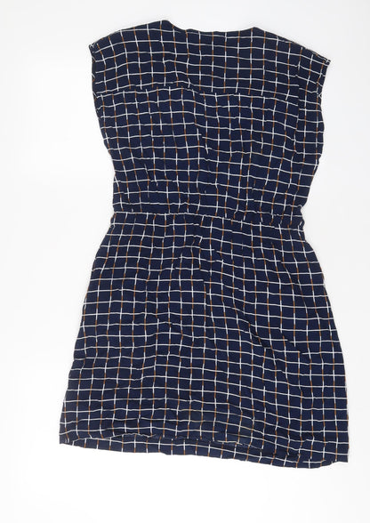 Louche Womens Blue Plaid Viscose A-Line Size 14 V-Neck Pullover