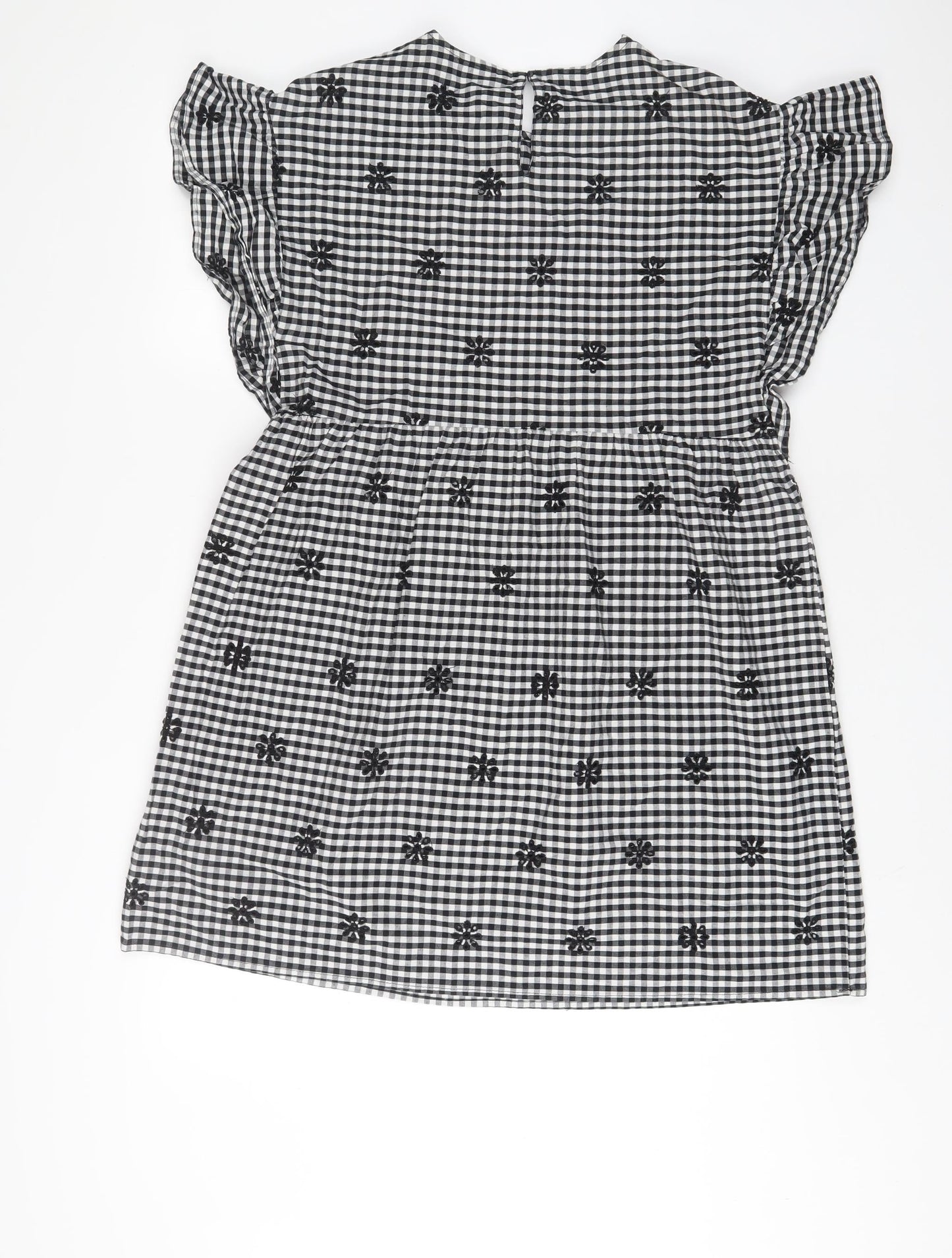 Zara Womens Black Plaid Cotton A-Line Size M Crew Neck Button - Embroidered