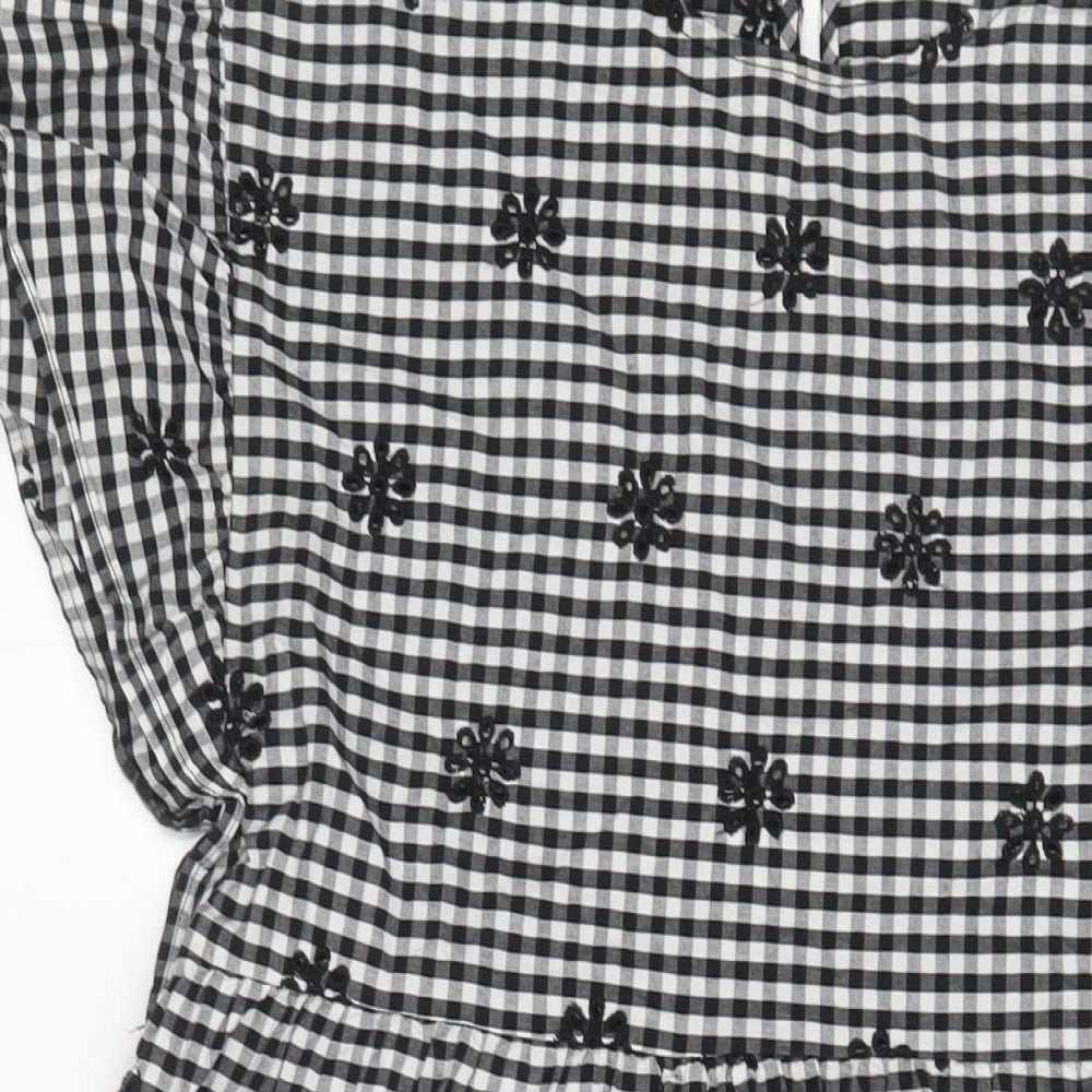 Zara Womens Black Plaid Cotton A-Line Size M Crew Neck Button - Embroidered