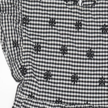 Zara Womens Black Plaid Cotton A-Line Size M Crew Neck Button - Embroidered