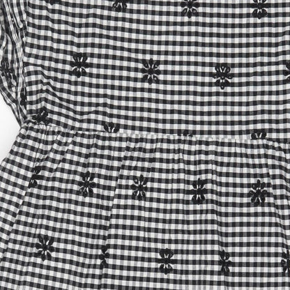 Zara Womens Black Plaid Cotton A-Line Size M Crew Neck Button - Embroidered