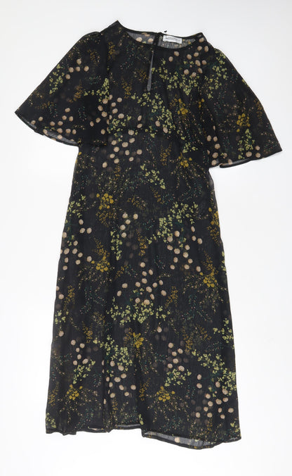 Zara Womens Black Floral Polyester A-Line Size S Crew Neck Button