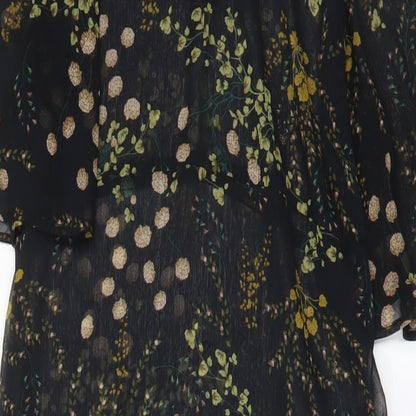 Zara Womens Black Floral Polyester A-Line Size S Crew Neck Button